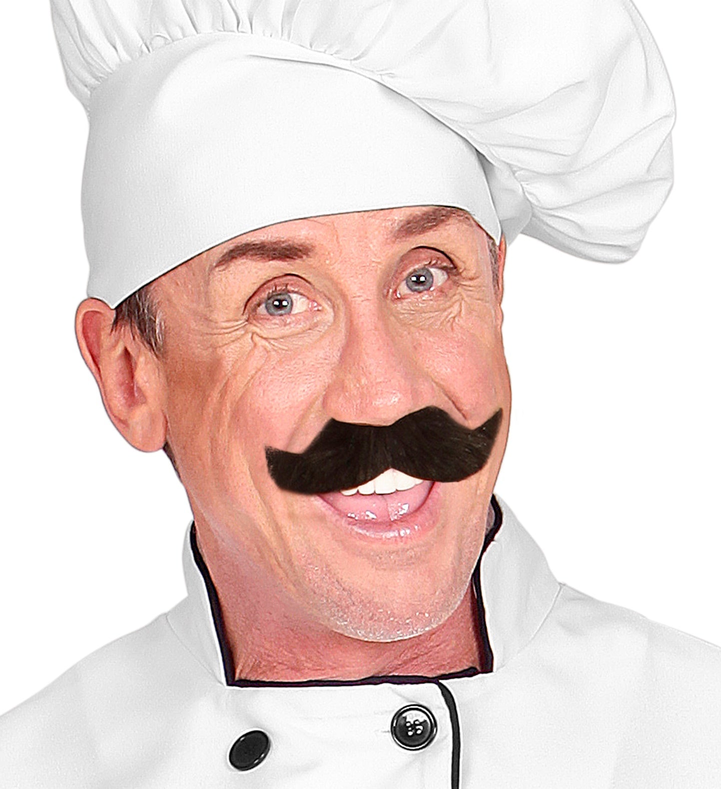 A smiling man in a chef's hat and uniform wearing the funny black Ambassador moustache.
