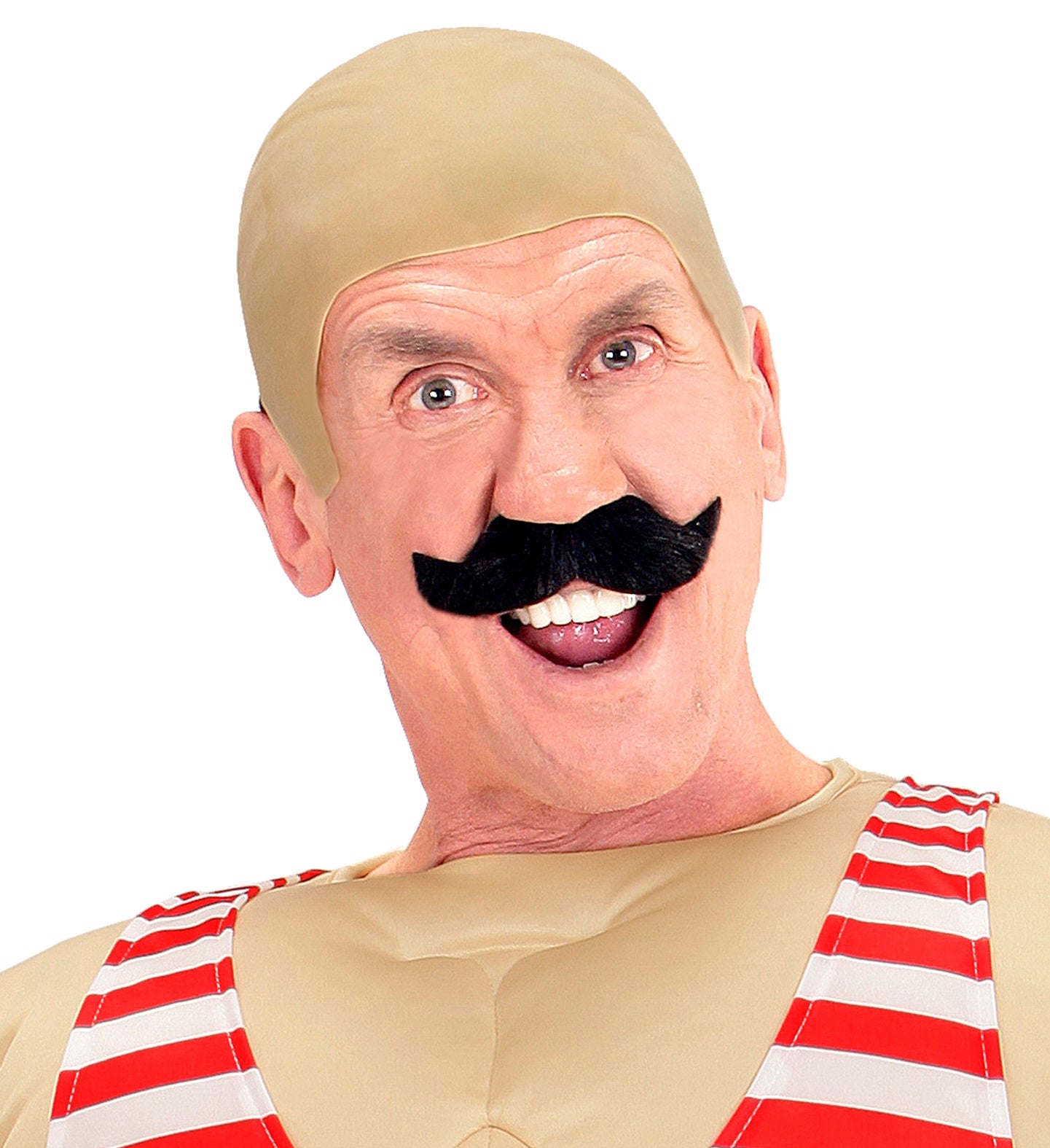 A man dressed as a vintage circus strongman wearing the thick black Ambassador moustache.