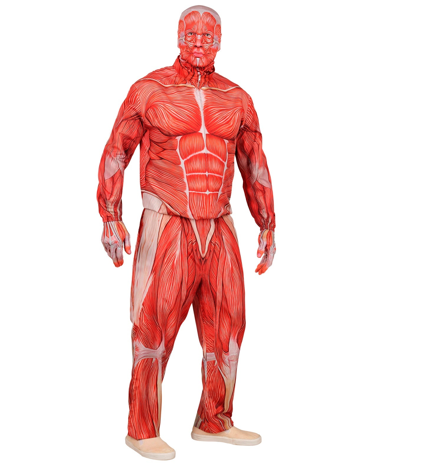 A man posing in the full Anatomy Man costume, including the zip-up jacket, pants, full head mask, and gloves, showing the 3D muscle print effect.