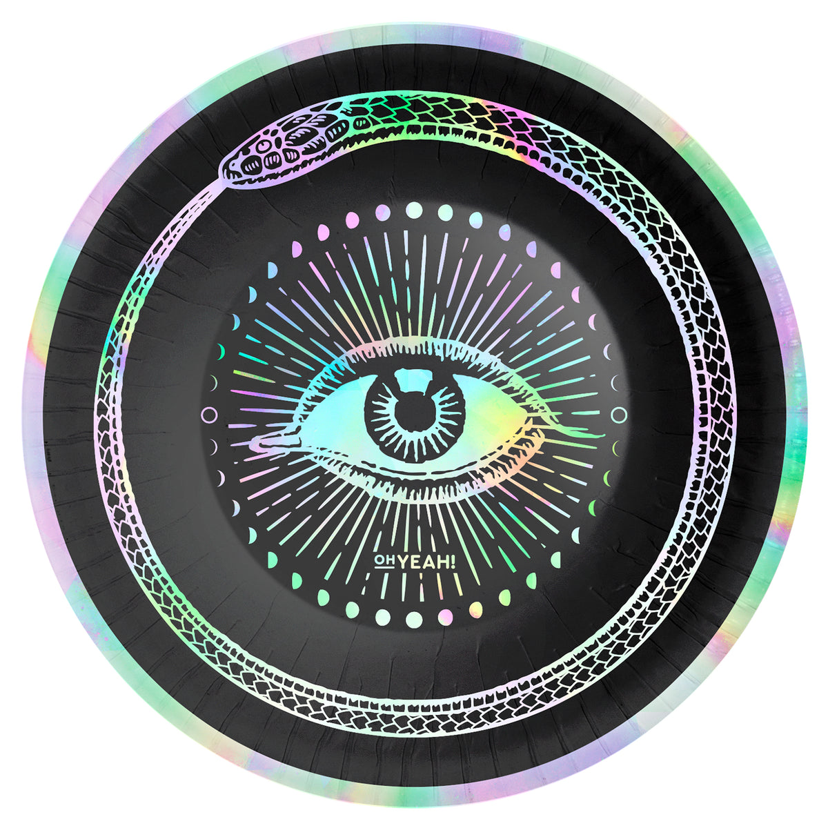 A halloween themed round black snack bowl featuring a colorful iridescent graphic of a snake wrapping around an eye with radiating lines and the text 'SH YEAH!' in the center, shown on a plain white background.