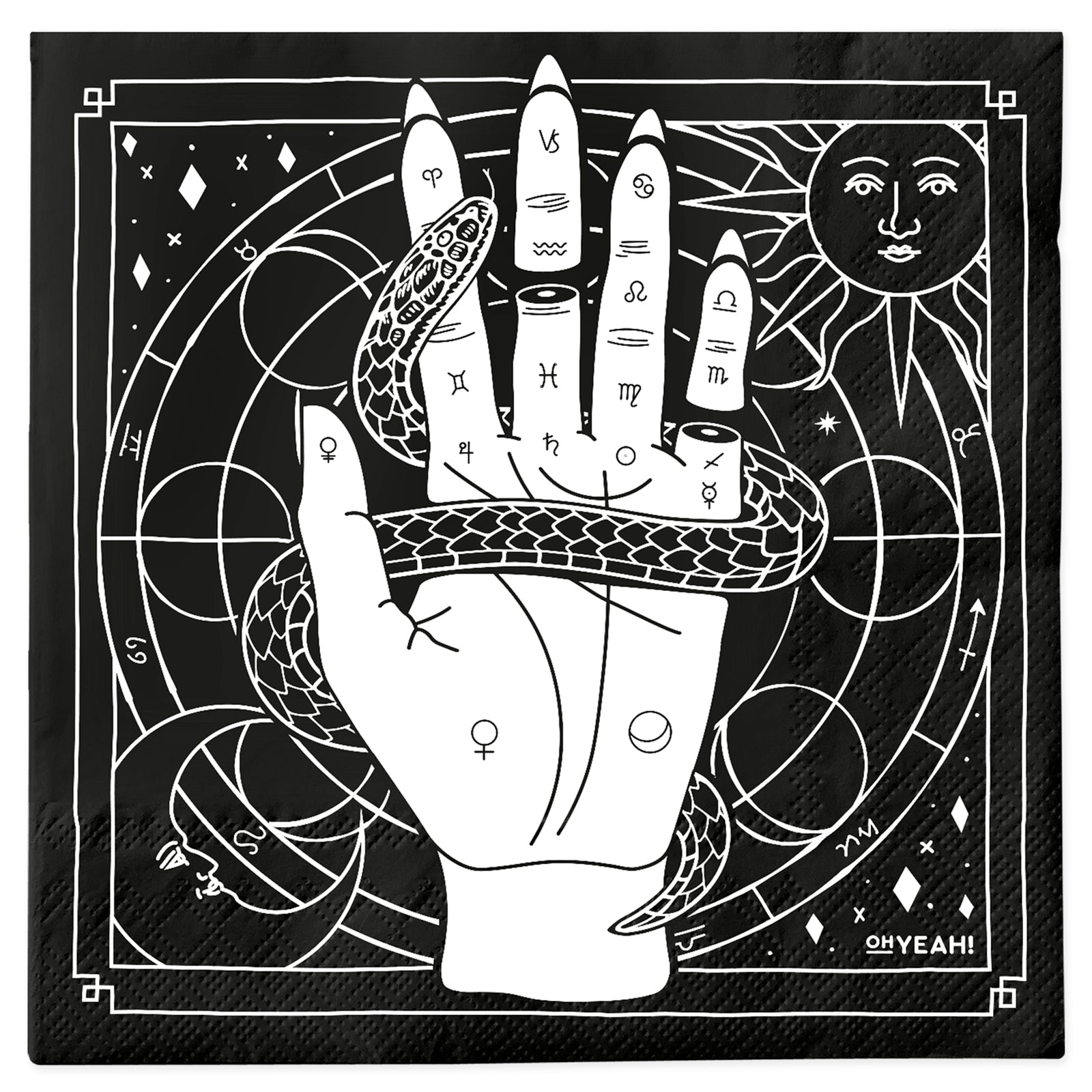 A square black paper napkin featuring a white illustration of a hand covered in astrological symbols, wrapped in a snake, with a sun and moon in the top corners.