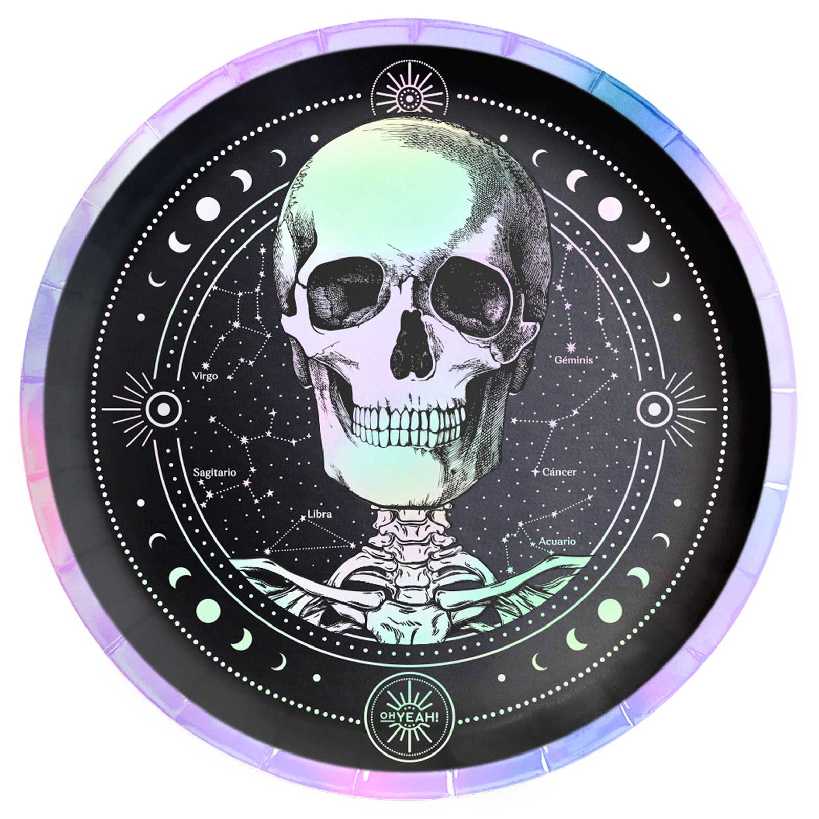 A round black paper plate featuring a celestial skeleton design with a skull, moon phases, constellations, and a holographic iridescent rim.
