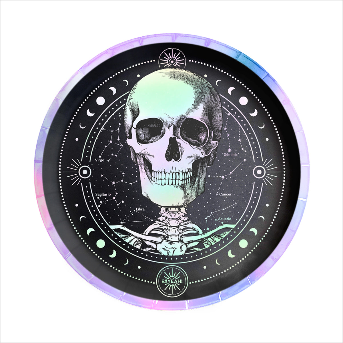 A circular black plate or tray featuring a central skull and skeleton illustration with moon phases, constellations, and occult-style symbols on a white background. The rim has an iridescent pastel border.