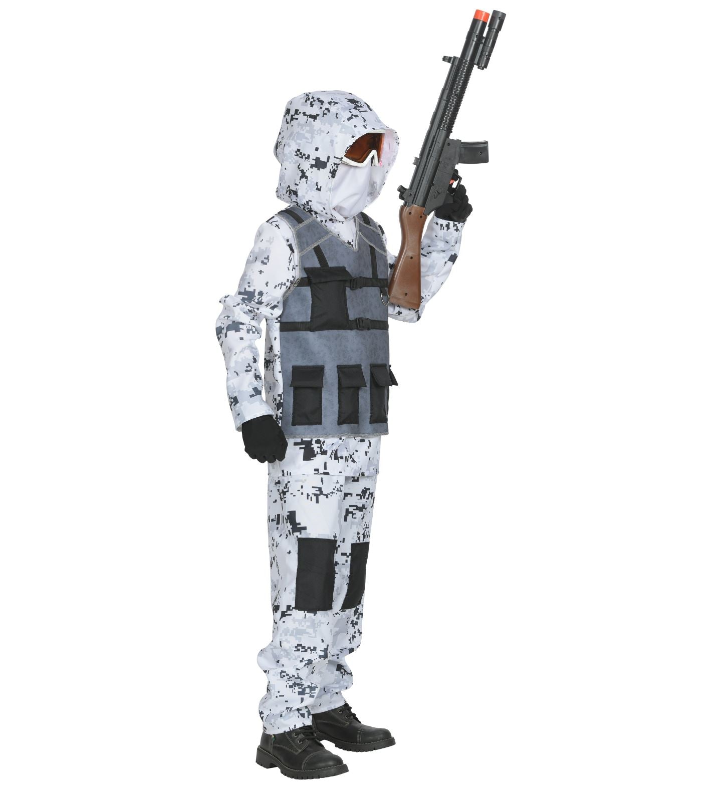 Side view of a child in an arctic camo costume, showing the tactical vest and holding a toy gun.