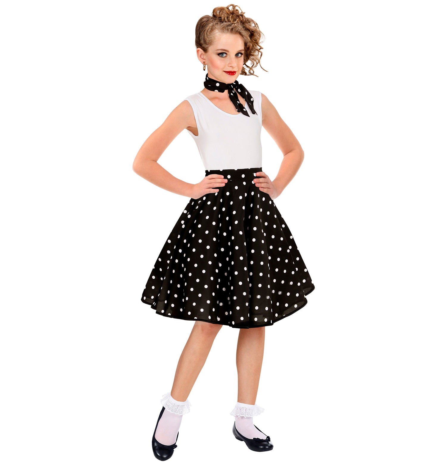 Older child modeling a 50s rockabilly polka dot skirt and scarf set with retro hair and makeup.