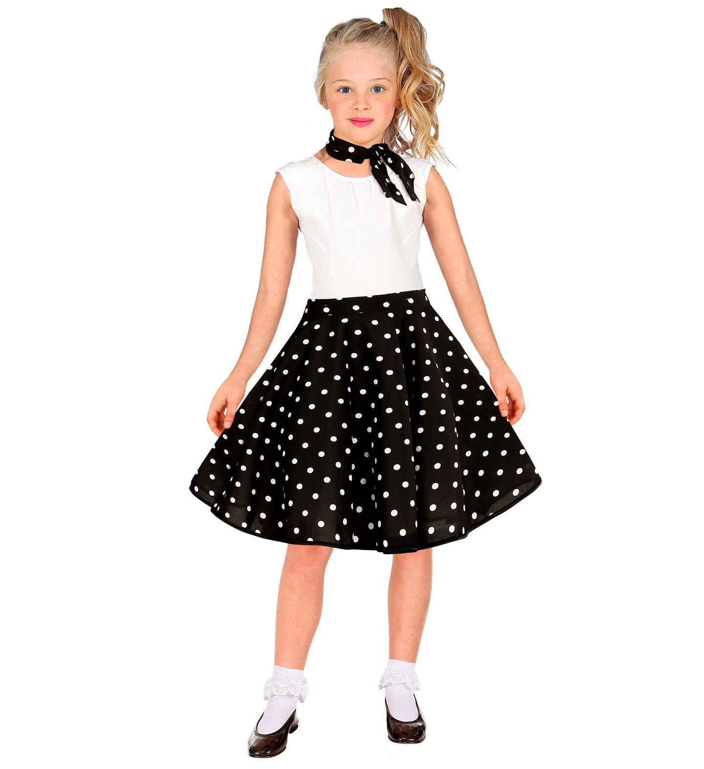 Younger child in a flared 1950s style polka dot skirt and matching neck tie.