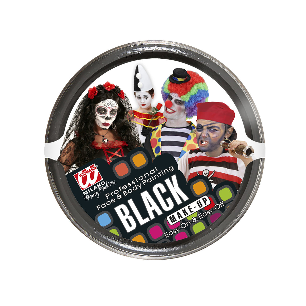 A round make-up of Milano Party Painting face and body paint, featuring a black label with images of four clown and skeleton makeup looks.