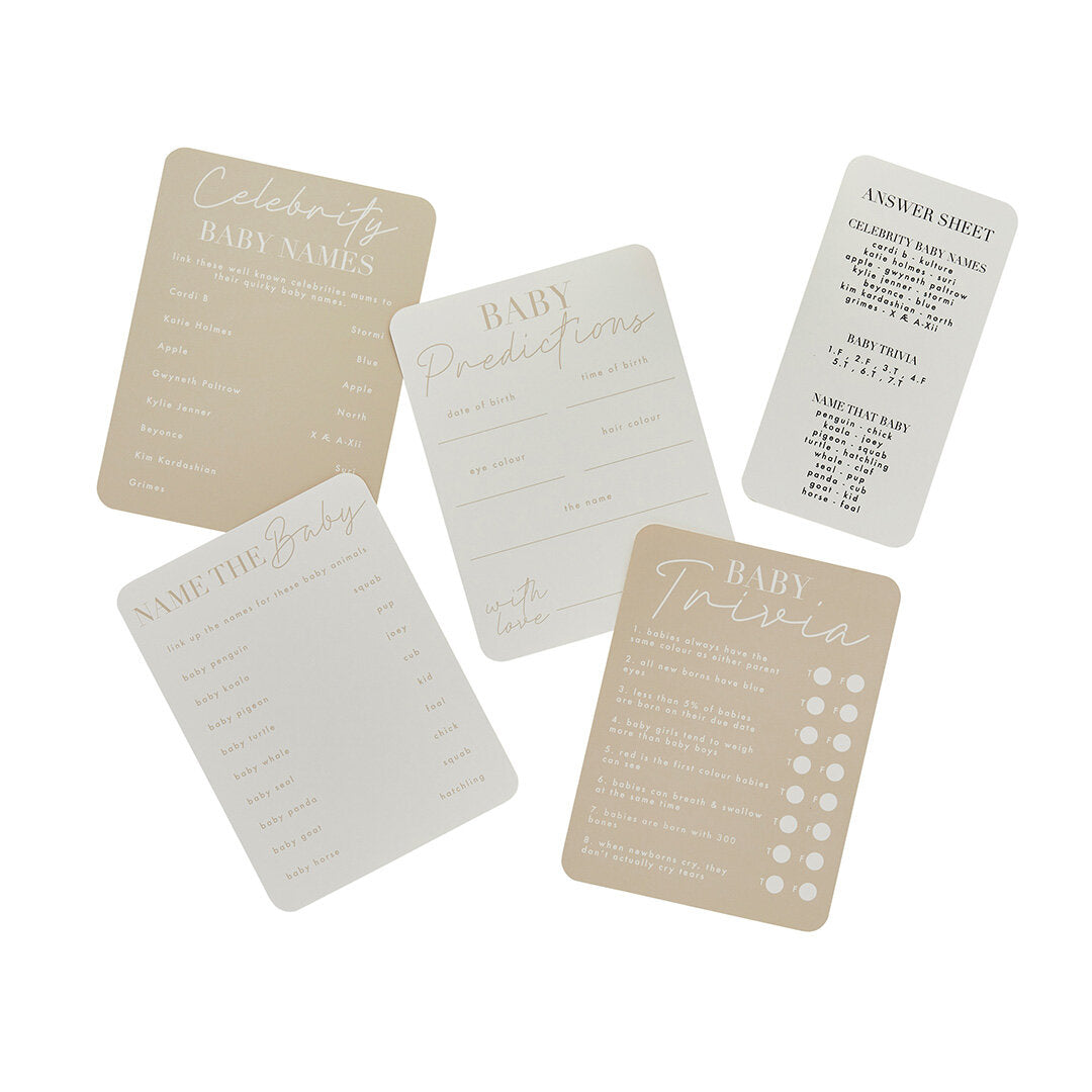 Overview of the 24-piece baby shower activity pack featuring four different games and a master answer sheet.