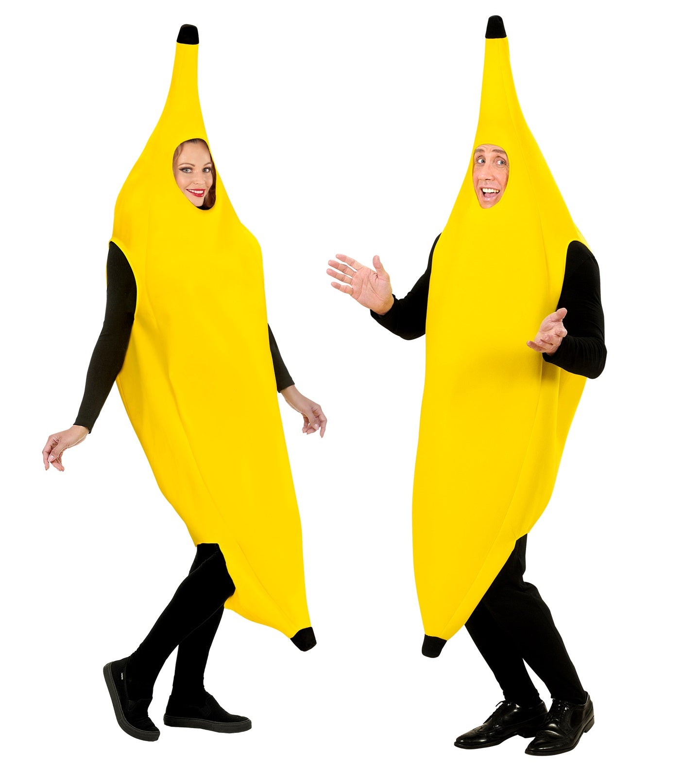 Two people, a man and a woman, posing playfully together while both wearing identical bright yellow unisex adult banana fancy dress costumes over black clothing.
