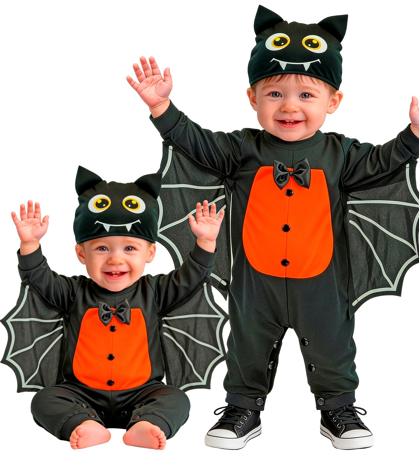 Two toddlers wearing matching black bat costumes with orange belly panels, black bow ties, and black-and-white wing shapes, posed against a plain white background.