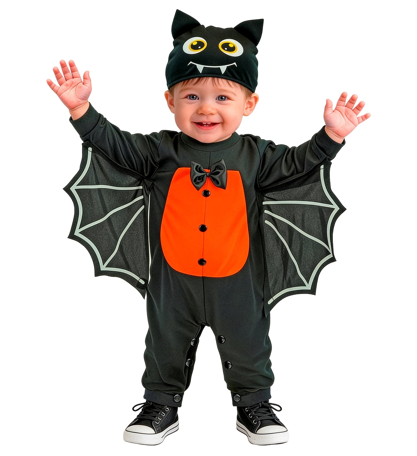 A young child standing playfully with arms spread wide to showcase the scalloped purple and black fabric bat wings attached to a cozy black plush Halloween romper jumpsuit.