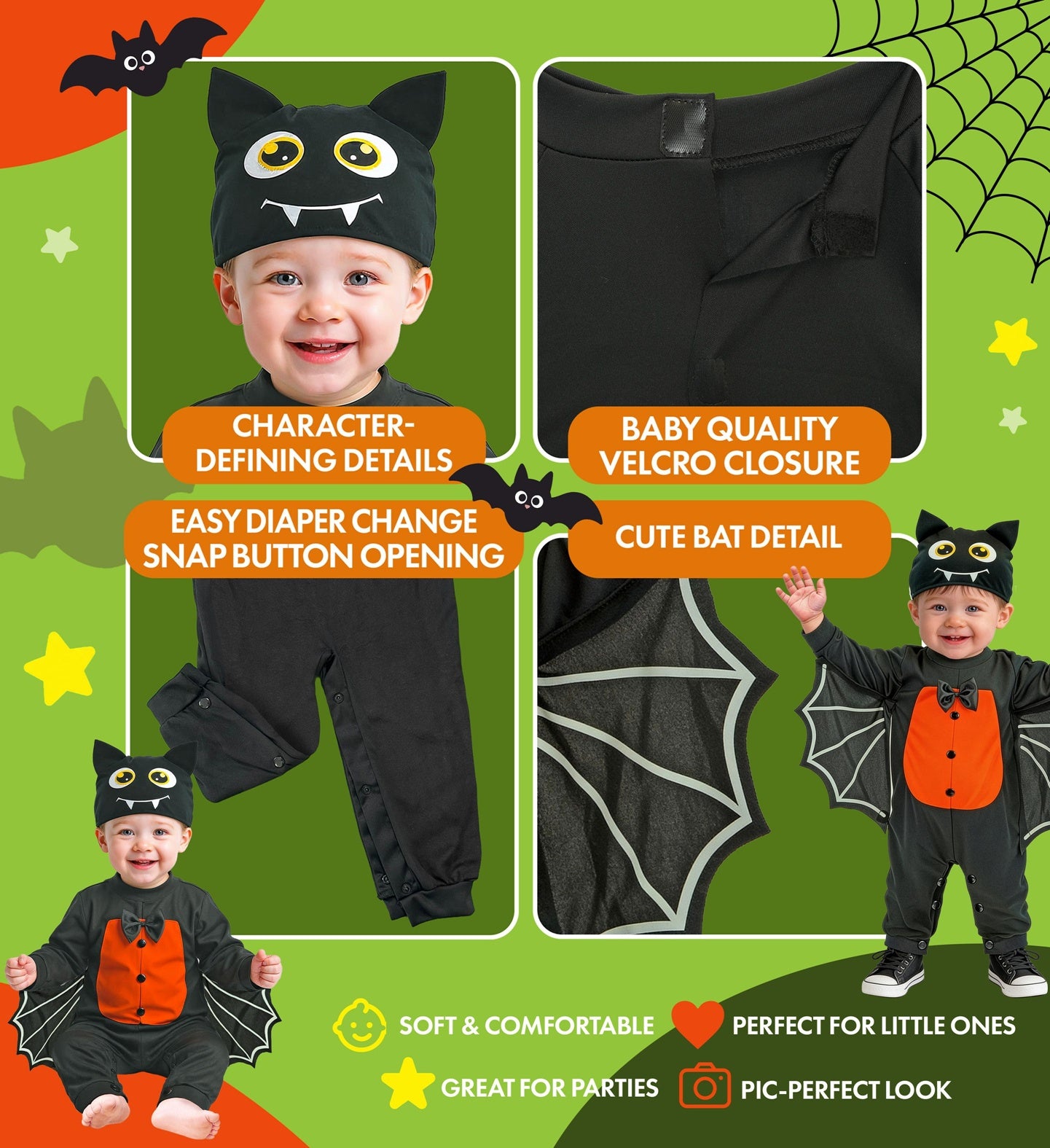 A multi-panel collage highlighting the details of a baby and toddler bat costume, showing close-ups of the pointy bat ears hood, the quick fastening back closure, the inner leg snap buttons for diaper changes, and a child wearing the outfit.