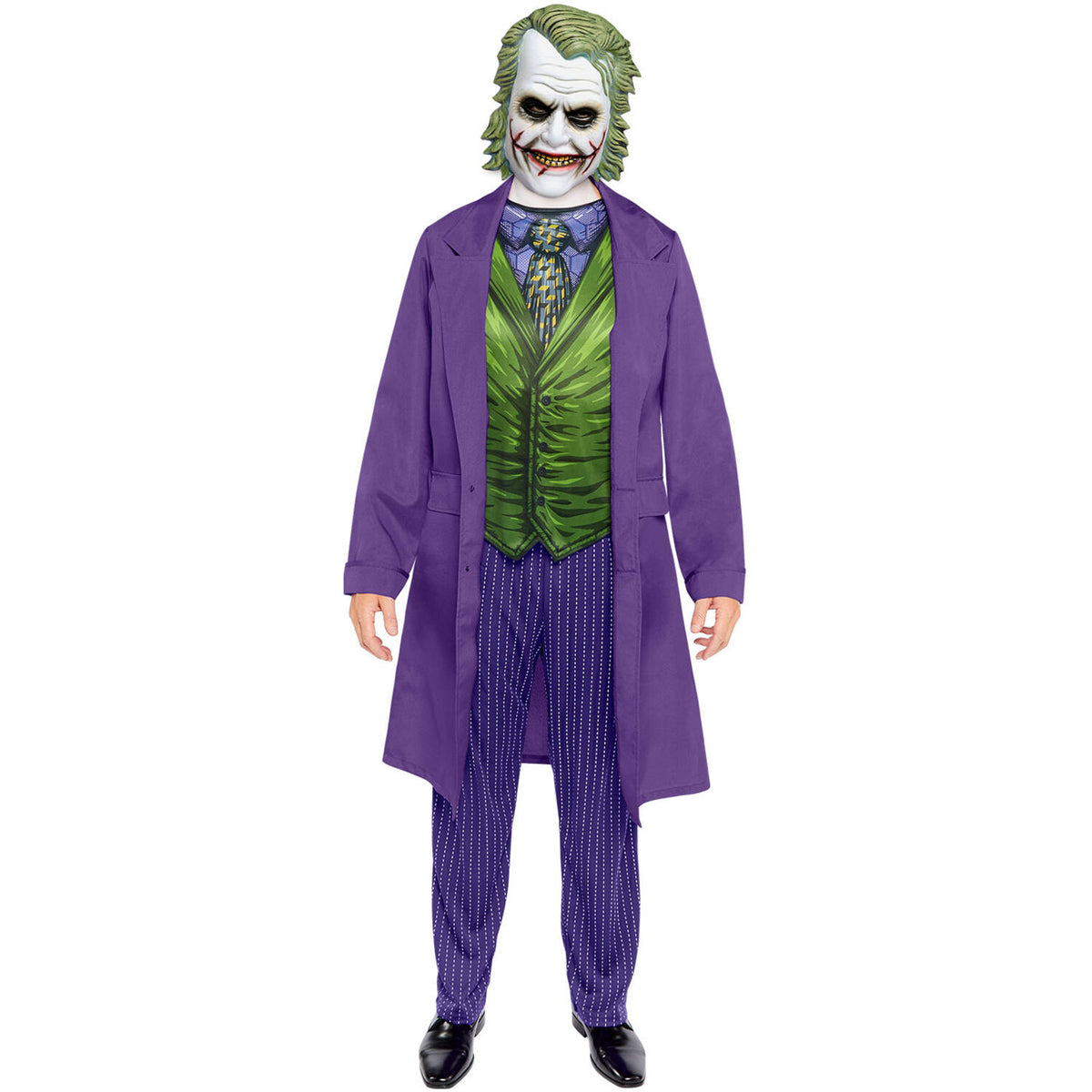 A full front view of a man standing straight in the officially licensed Dark Knight Joker fancy dress costume, highlighting the complete purple suit and foam character mask.