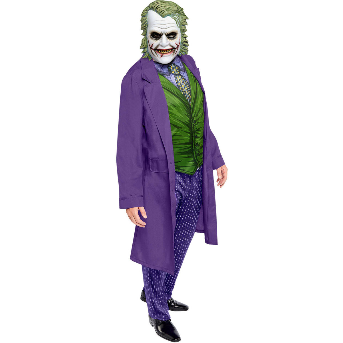 A three-quarter angle shot of the complete Adult Joker costume featuring a long dark purple jacket, purple pinstripe trousers, and a foam mask with green hair and smudged clown makeup.