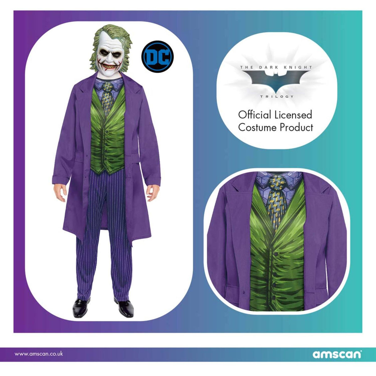 Product packaging showcasing the officially licensed DC Dark Knight Trilogy Joker costume, featuring a full-body shot of the outfit and a close-up of the printed green waistcoat design.