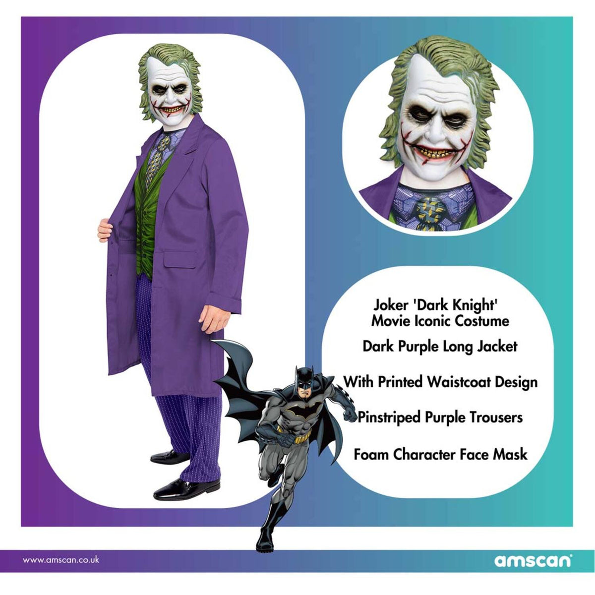 An informational graphic for the Joker Dark Knight Movie Iconic Costume highlighting the dark purple long jacket, printed waistcoat design, pinstriped trousers, and foam character face mask.