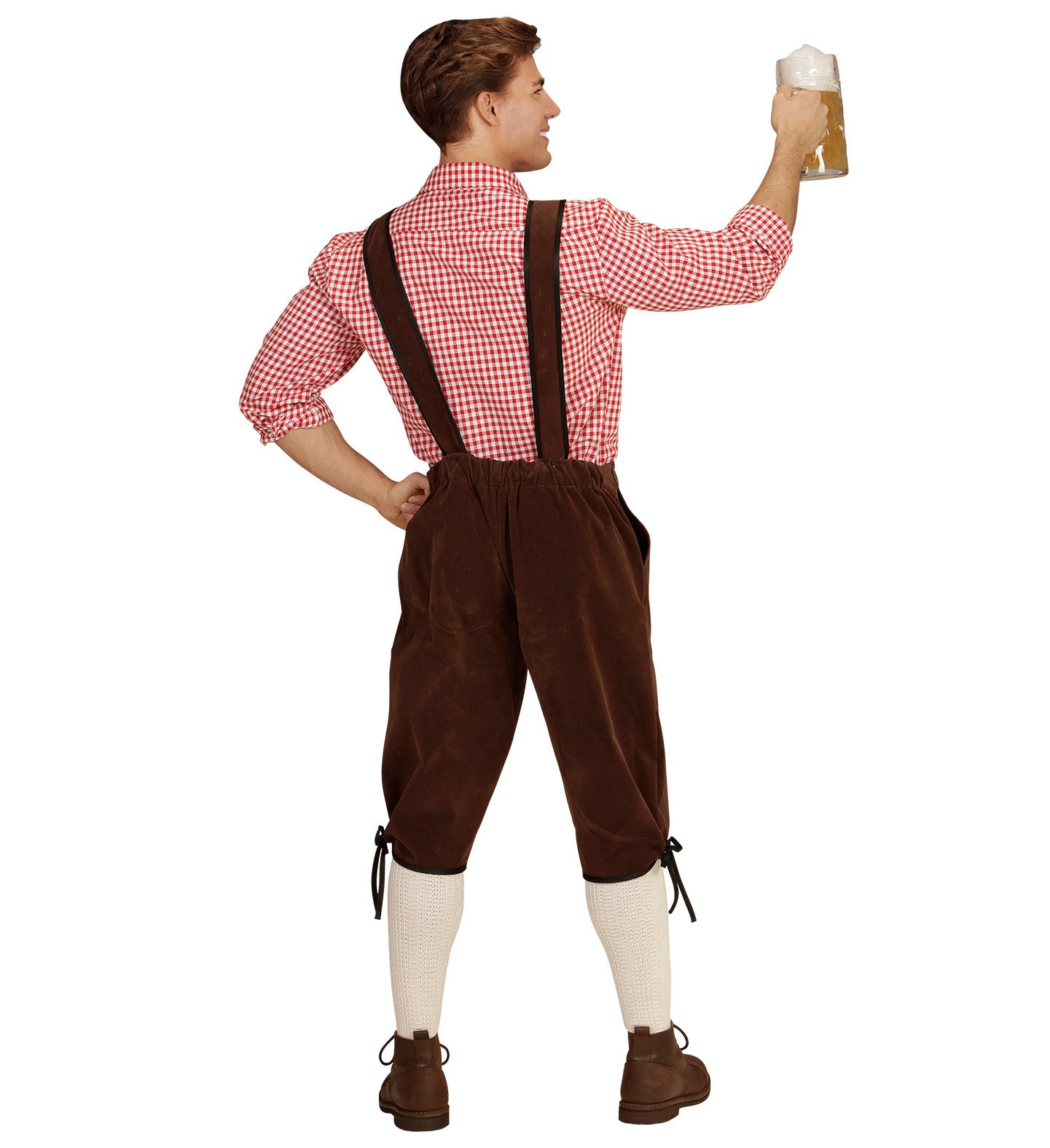 A back view of a person in a full Bavarian lederhosen costume, raising a large glass beer stein. The person is wearing brown lederhosen with embroidered braces and a red and white checked shirt.
