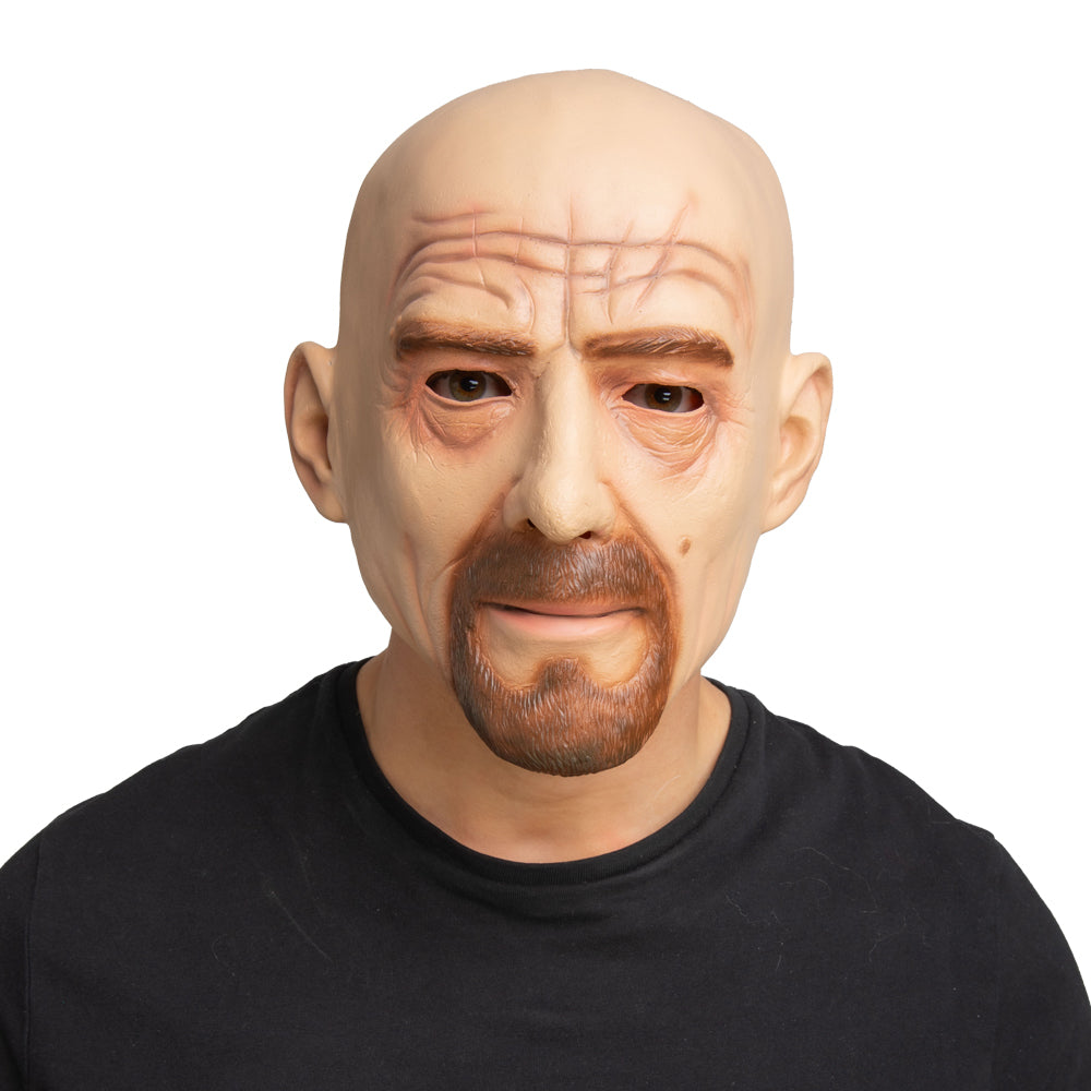 A person wearing a black t-shirt and a Walter White style bald man latex mask featuring a brown goatee and realistic facial wrinkles