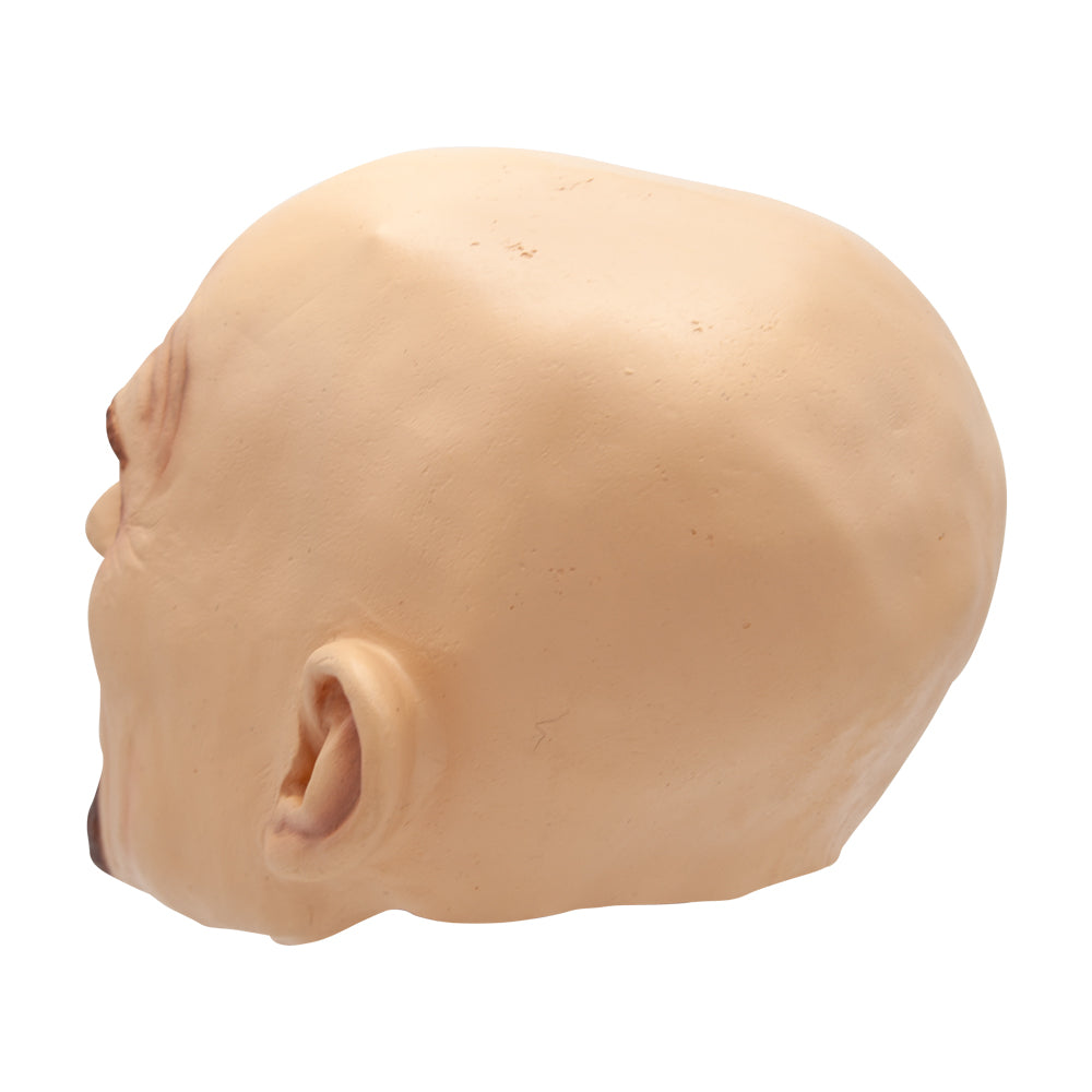 Back and side view of a bald man latex mask showing the smooth, rounded head design