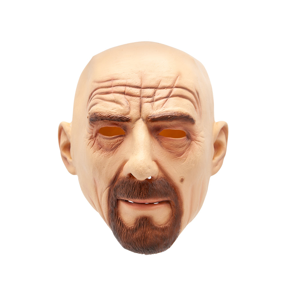 Front view of a detailed latex mask depicting a bald man with a brown goatee, prominent forehead wrinkles, and cut-out eye holes