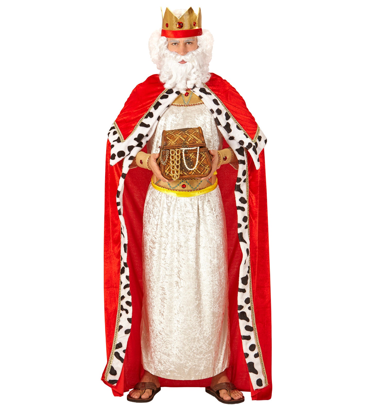 A man dressed as a Wise Man (Nativity King) with a red velvet cape, white robe, crown, and fake beard, holding a treasure box.