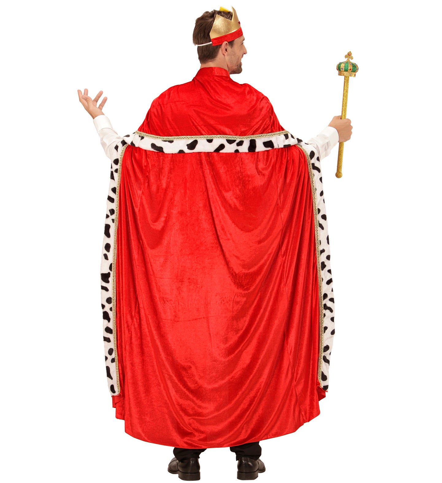Back view of the adult red velvet king's robe, showing the full length and the Dalmatian faux fur trim.