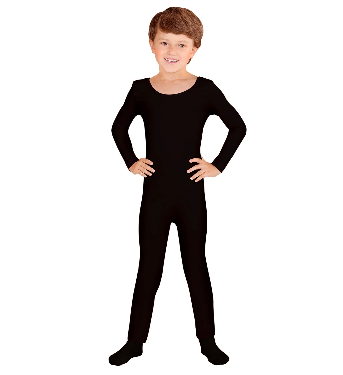 A young boy smiling playfully with hands on hips, wearing a sleek, long-sleeved full-body children's black bodysuit costume base.