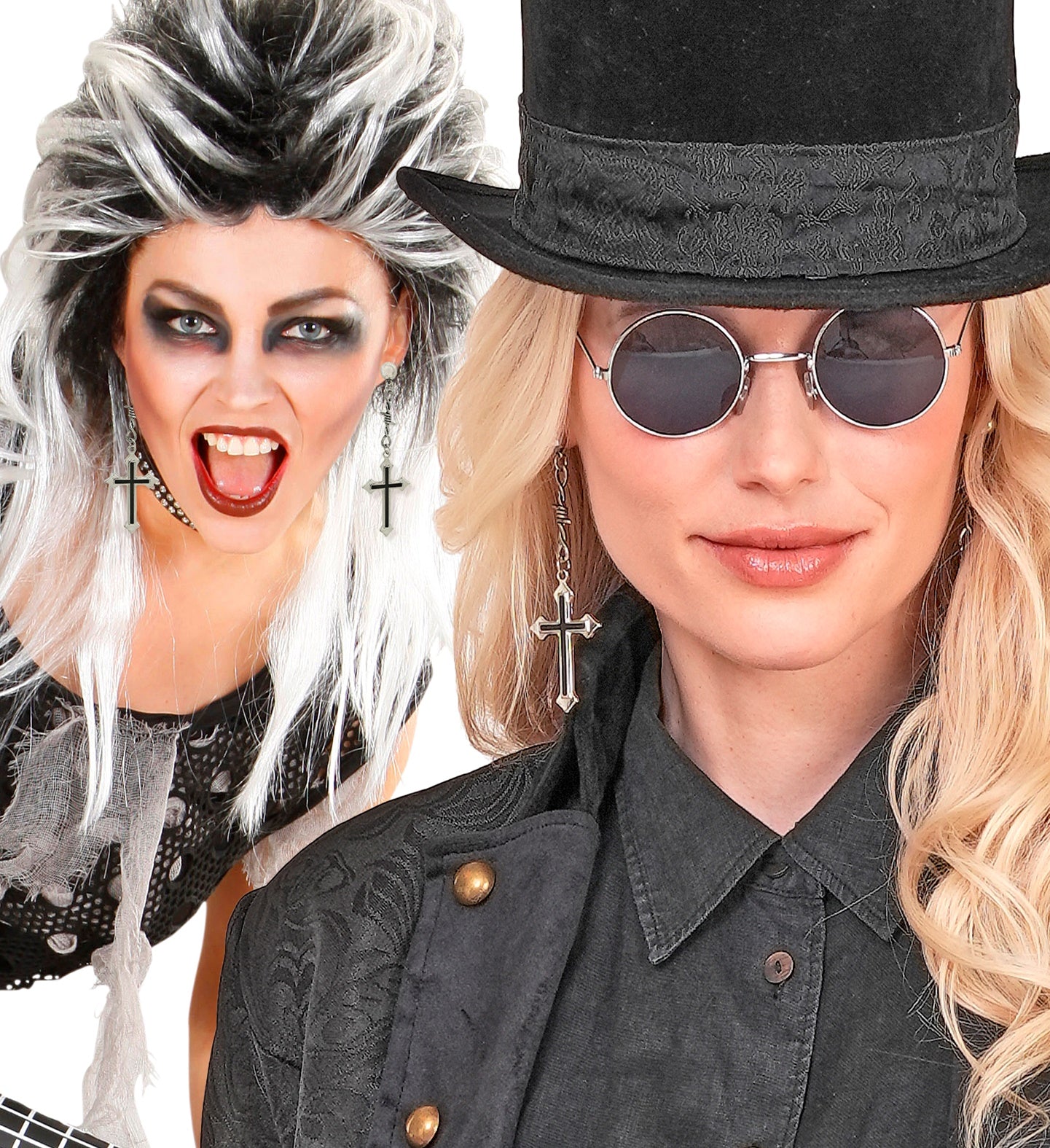 A collage showing two women modeling the cross and barbed wire earrings, one in a punk rock costume and the other in a gothic top hat and sunglasses.