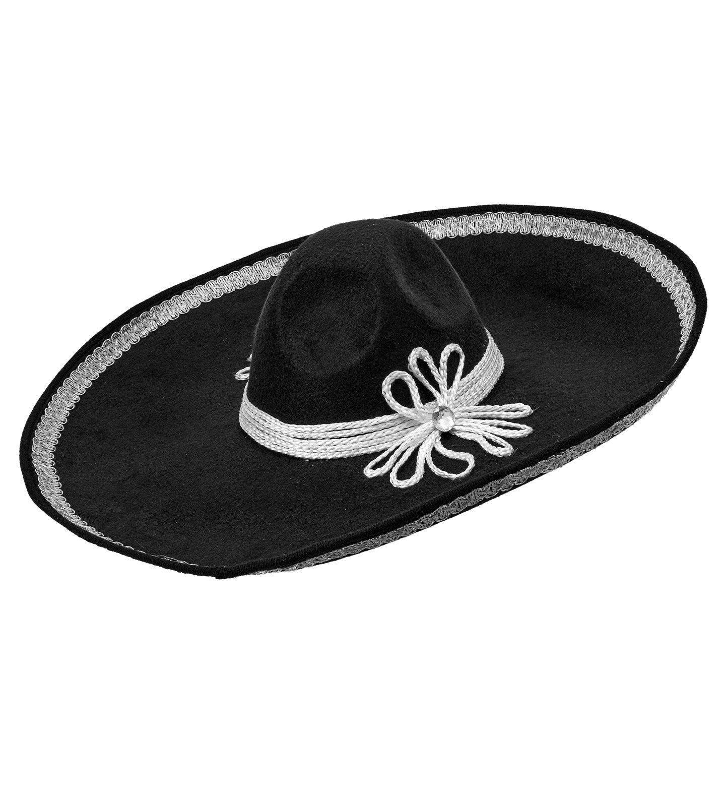 A black felt sombrero-style hat with a silver braided trim along the brim edge and crown, decorated with a silver bow and pearl accent, shown on a plain white background.