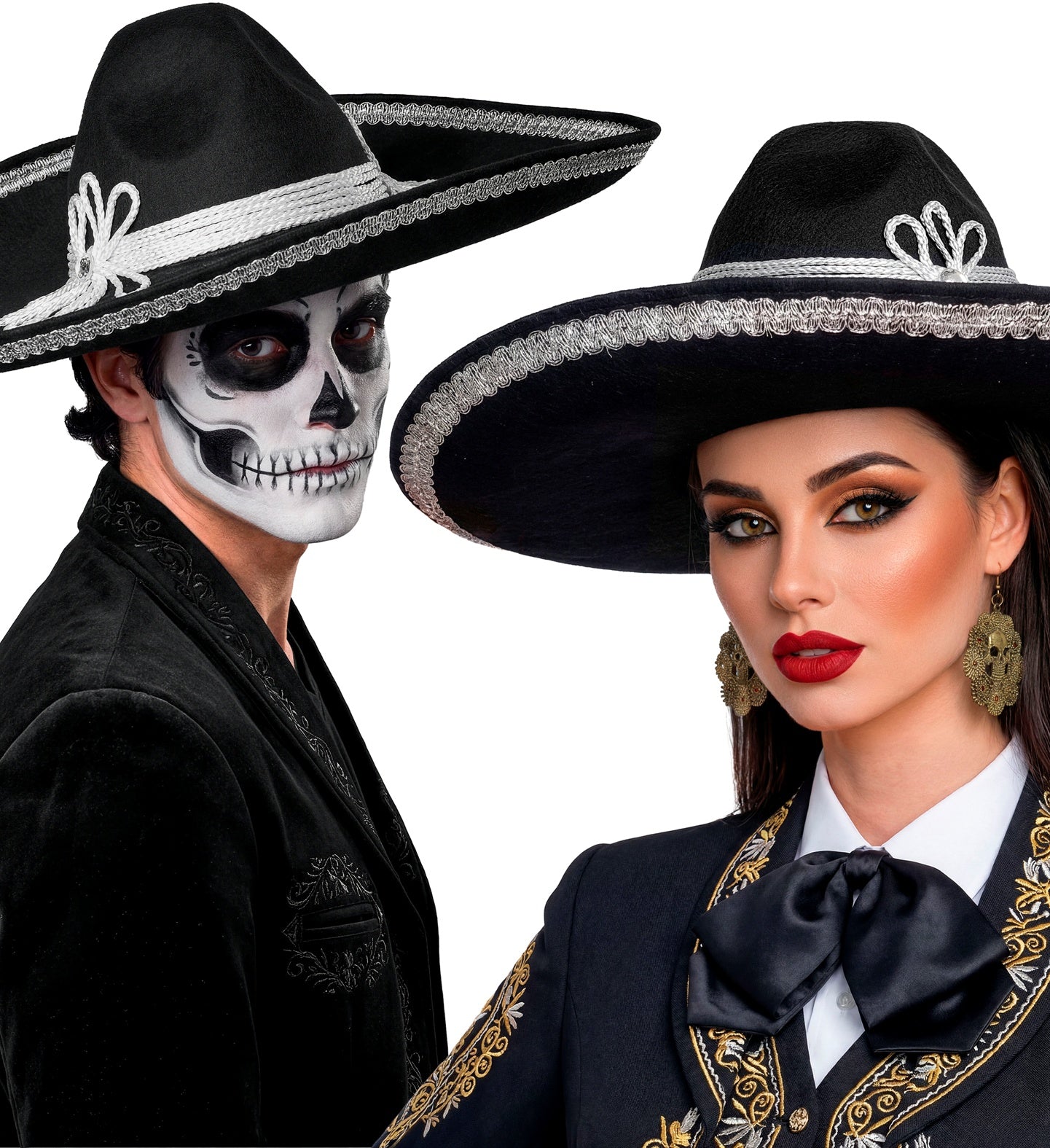 A man and a woman wearing black mariachi-style hats with silver trim and black traditional outfits with gold embroidery, posed against a plain white background.