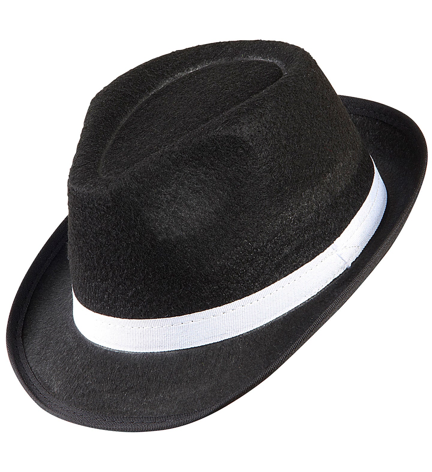 Black fedora hat with a white band on a white background
