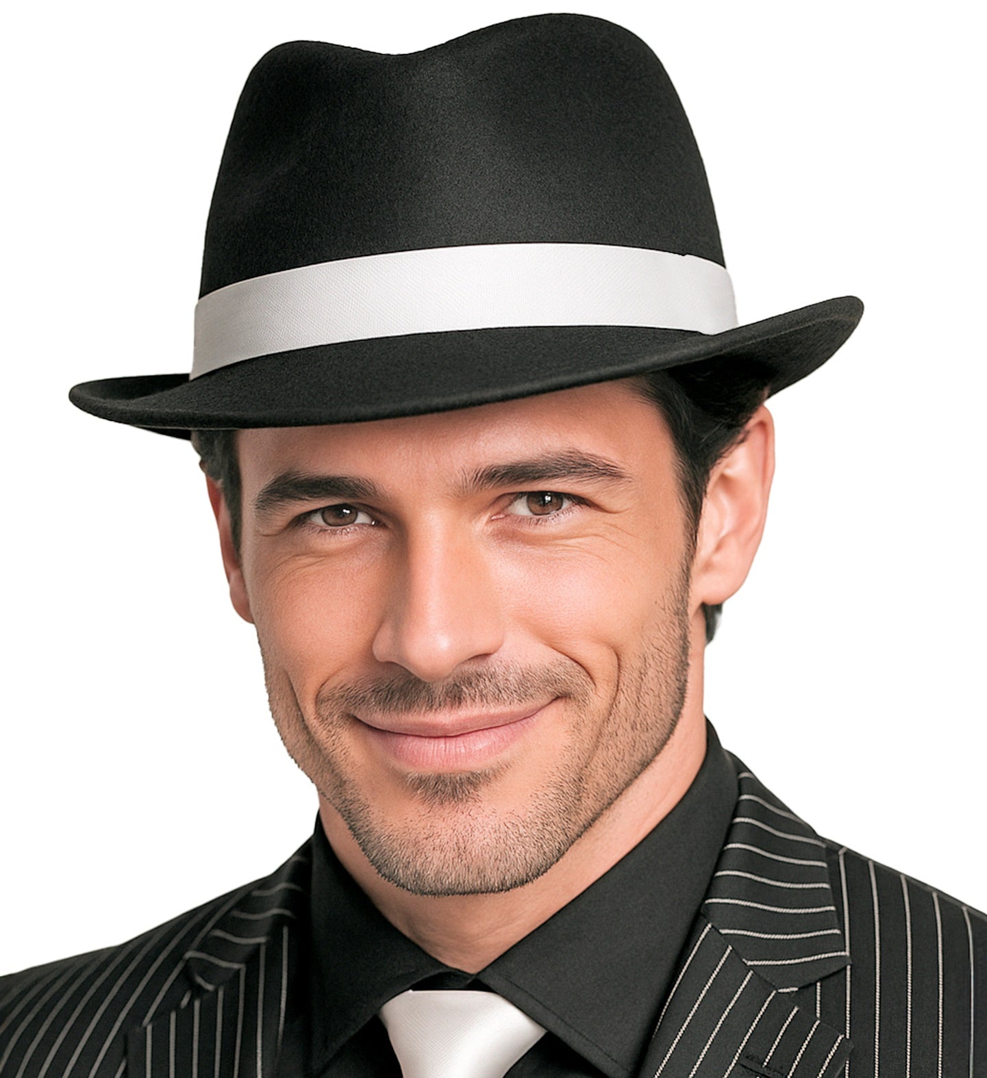 A smiling man wearing a black fedora with a white band as part of a 1920s mobster costume with a pinstripe suit.