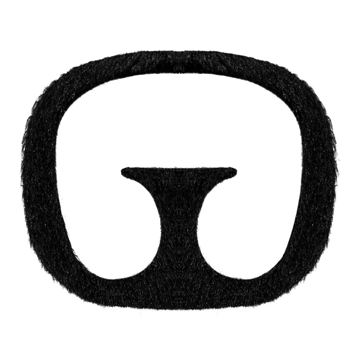 A close-up of a synthetic black fake goatee beard on a white background, showing the textured hair and the connected circular design with a center soul patch.