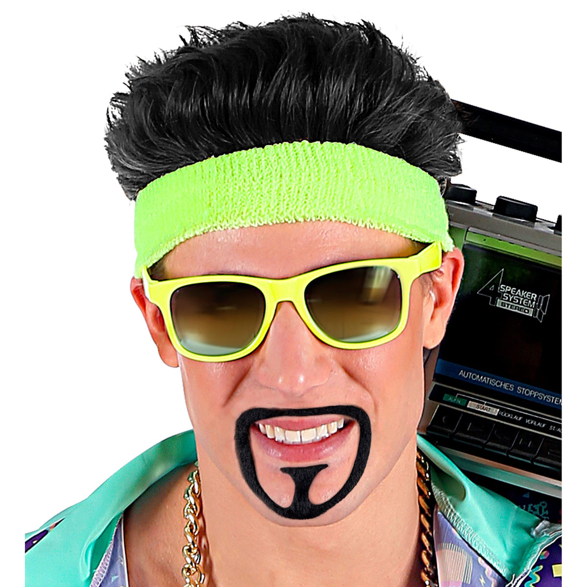 A man dressed in a retro 80s or 90s costume with a neon green headband, yellow sunglasses, and a boombox, wearing a classic black stick-on goatee beard.