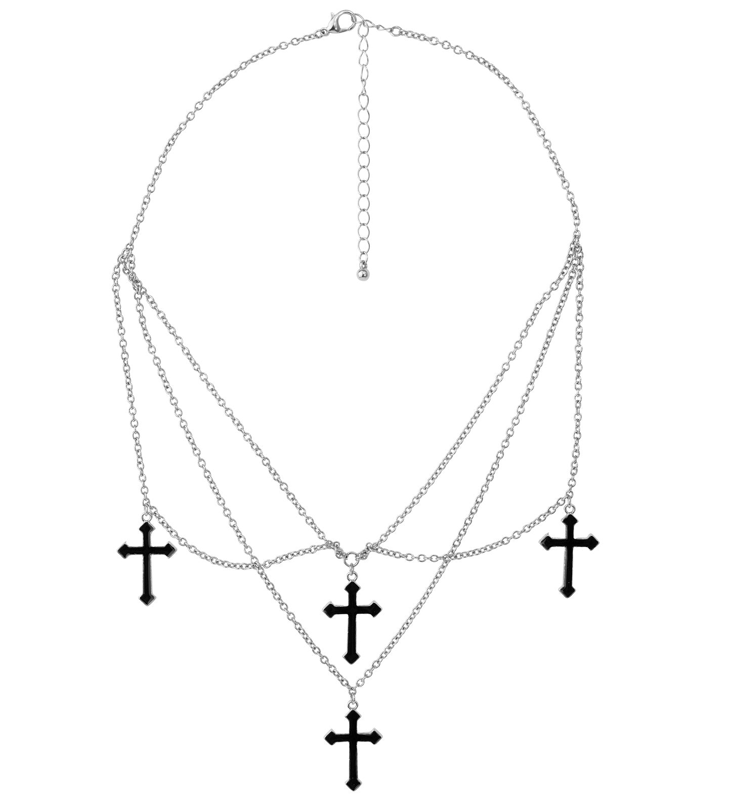 A multi-layered silver-tone chain necklace with several small, dangling black cross charms, shown on a white background.