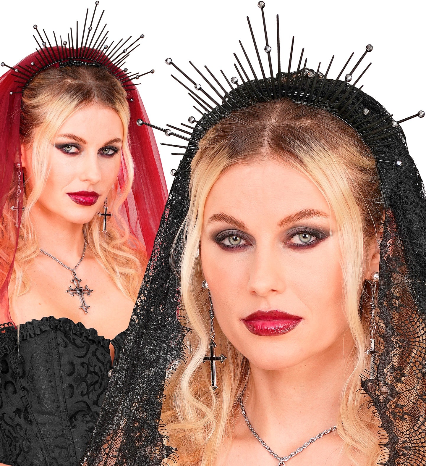 A woman wearing the black gothic halo headband, styled in two ways: with a red veil and with a black lace veil for a Dark Madonna or vampire look.