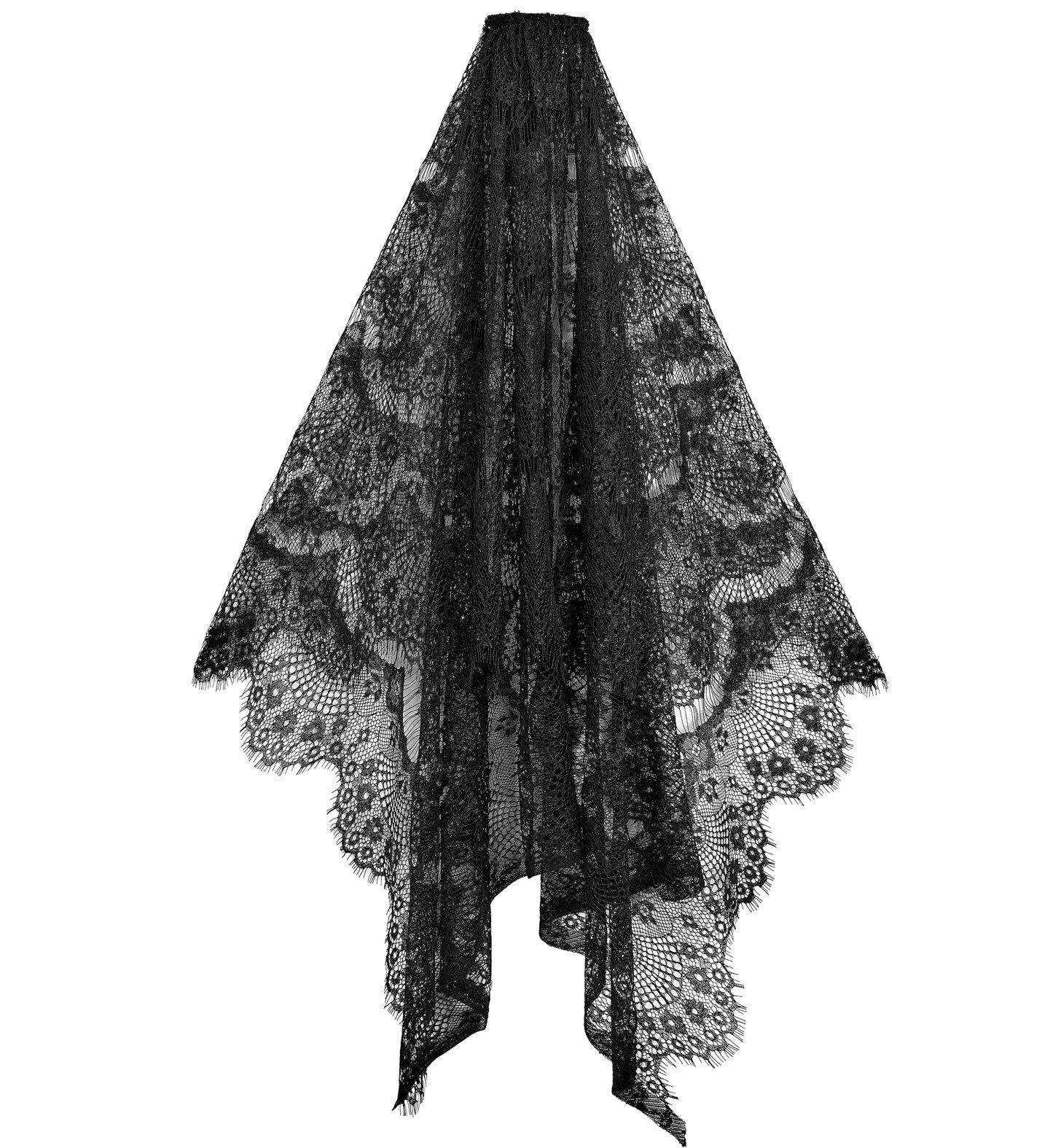 A straight-on flat lay view of a black lace veil, showcasing the detailed Victorian floral pattern, the gathered top, and the draped, scalloped edges.