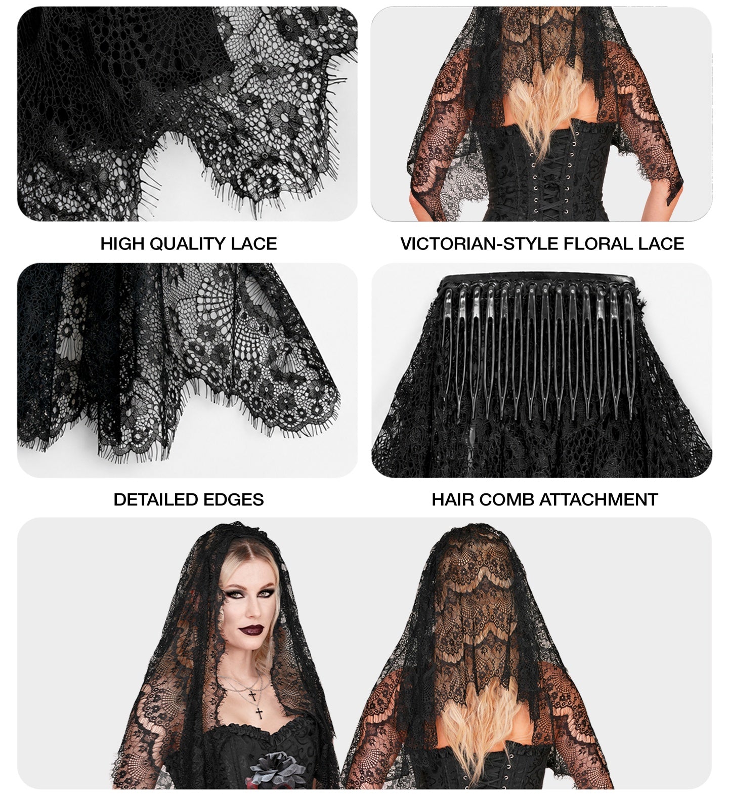 A multi-panel collage highlighting the details of a black lace veil, showing close-ups of the high-quality Victorian-style floral lace, the detailed scalloped edges, the wide plastic hair comb attachment, and a model wearing the accessory.