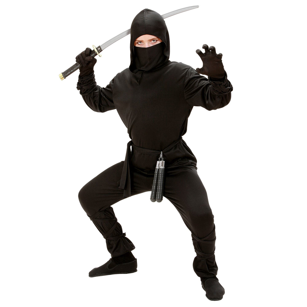 Child wearing black ninja costume in wide stance pose with arms raised, showing hooded coat with mask, black pants with integrated leg ties, black belt and integrated arm ties, holding toy sword