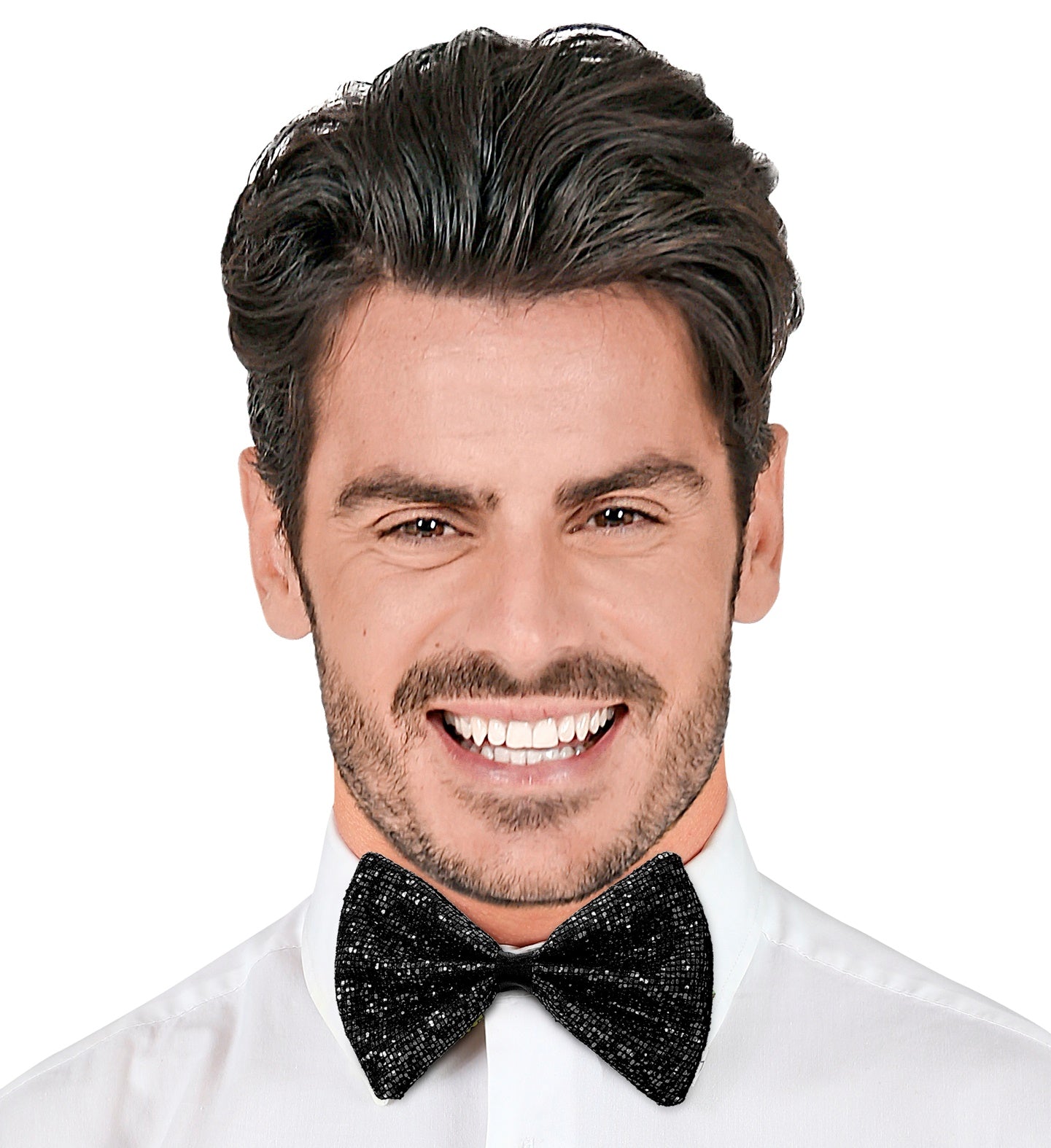 A smiling man modeling the unisex black sparkly bowtie with a white shirt.