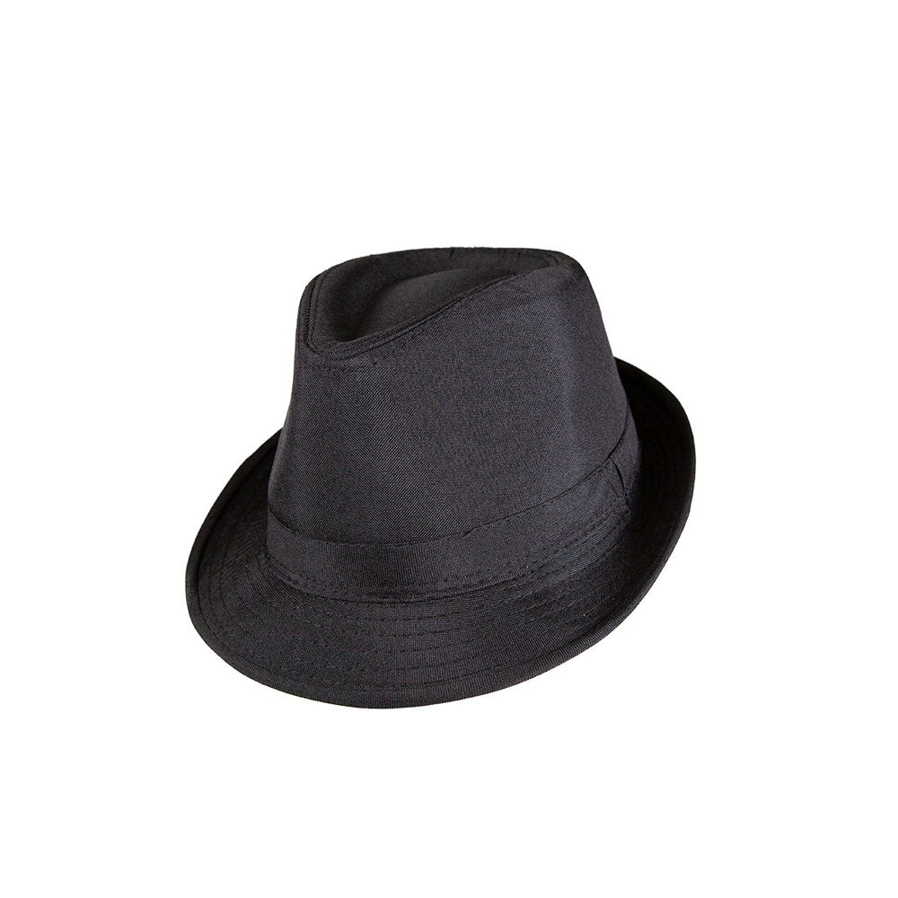 Black trilby hat showing classic short brim and pinched crown style from above