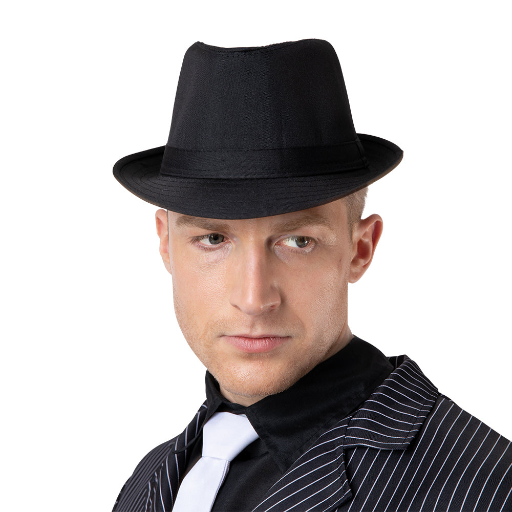 Man wearing black trilby hat styled with pinstriped shirt and bow tie for formal or 1920s costume look