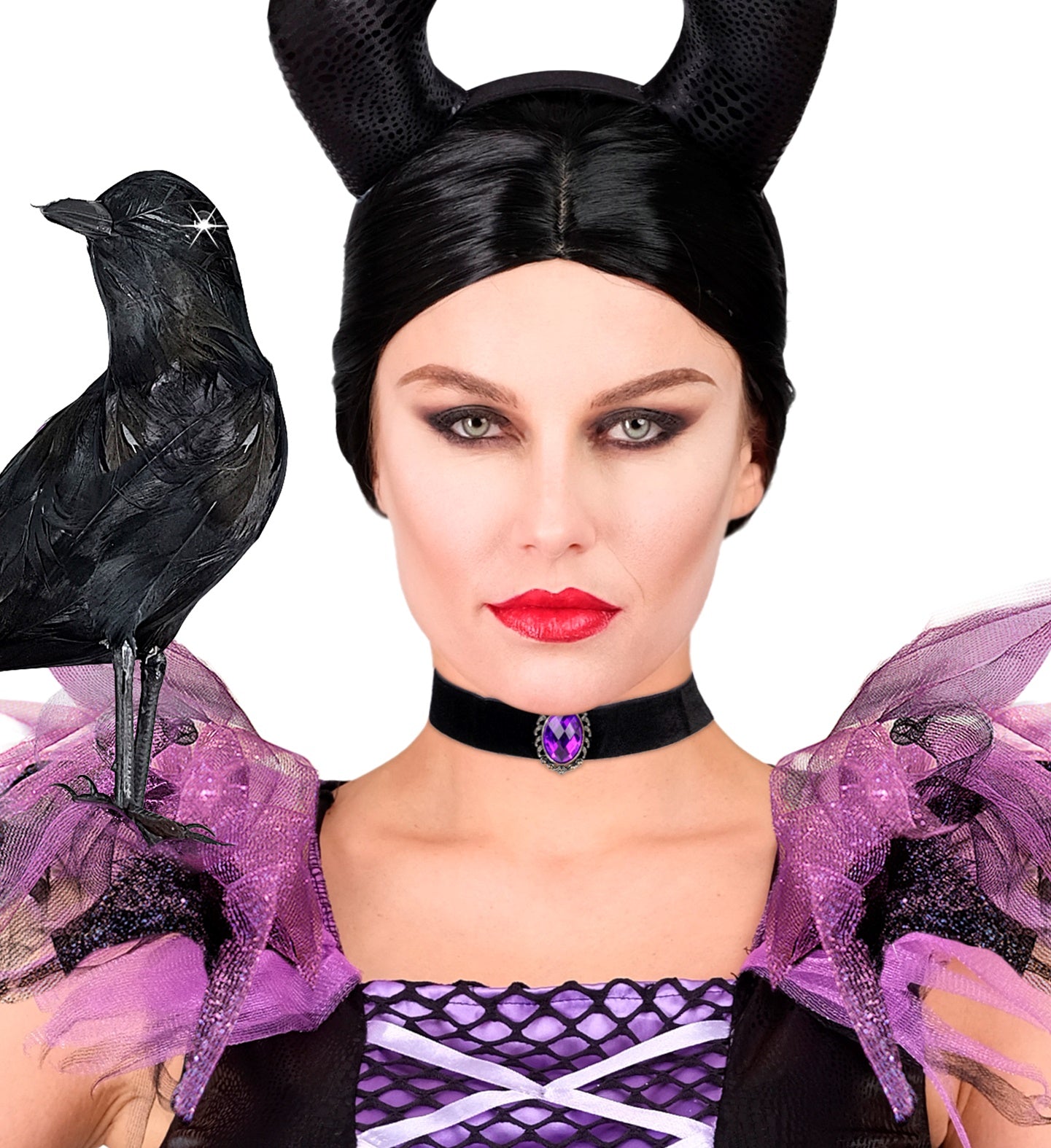 A woman in a dark Halloween costume with black horns and a black crow on her shoulder, wearing a black velvet and purple gem choker.