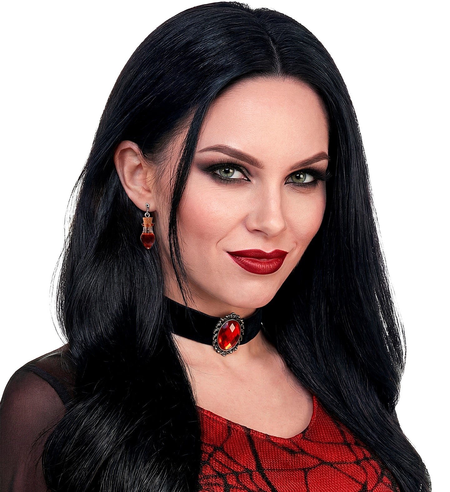 A woman with dark hair and a red spiderweb top wearing the black velvet costume choker with a red center gem.