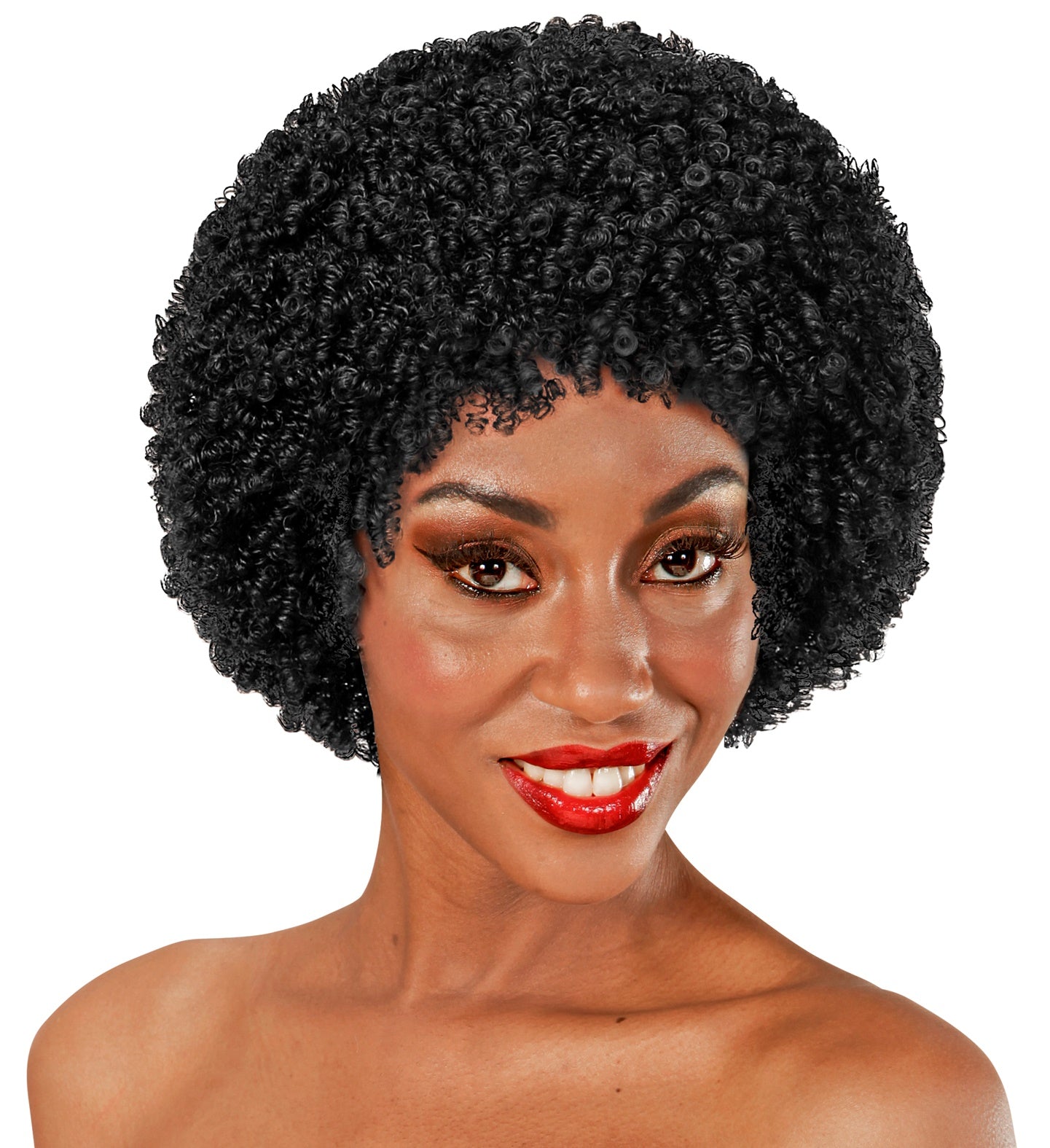 Woman wearing a voluminous black 70s afro perm wig for a disco-themed costume.