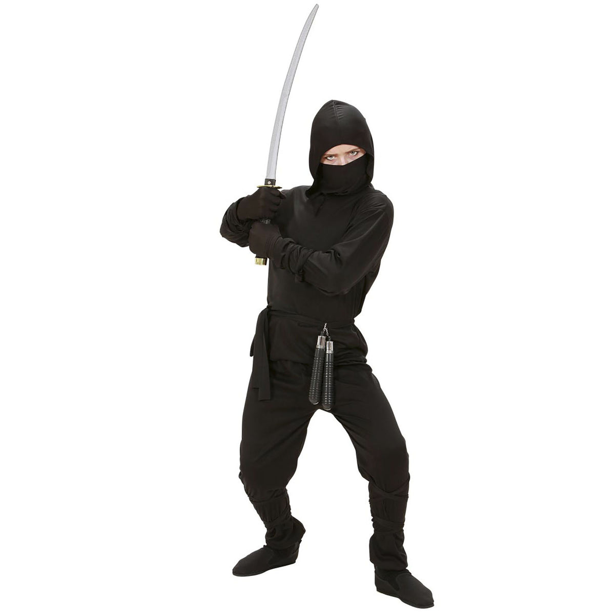 Child in black ninja costume shown from front in fighting stance, displaying hooded coat with velcro closure, black face mask, black belt, integrated arm ties on sleeves and integrated leg ties on pants