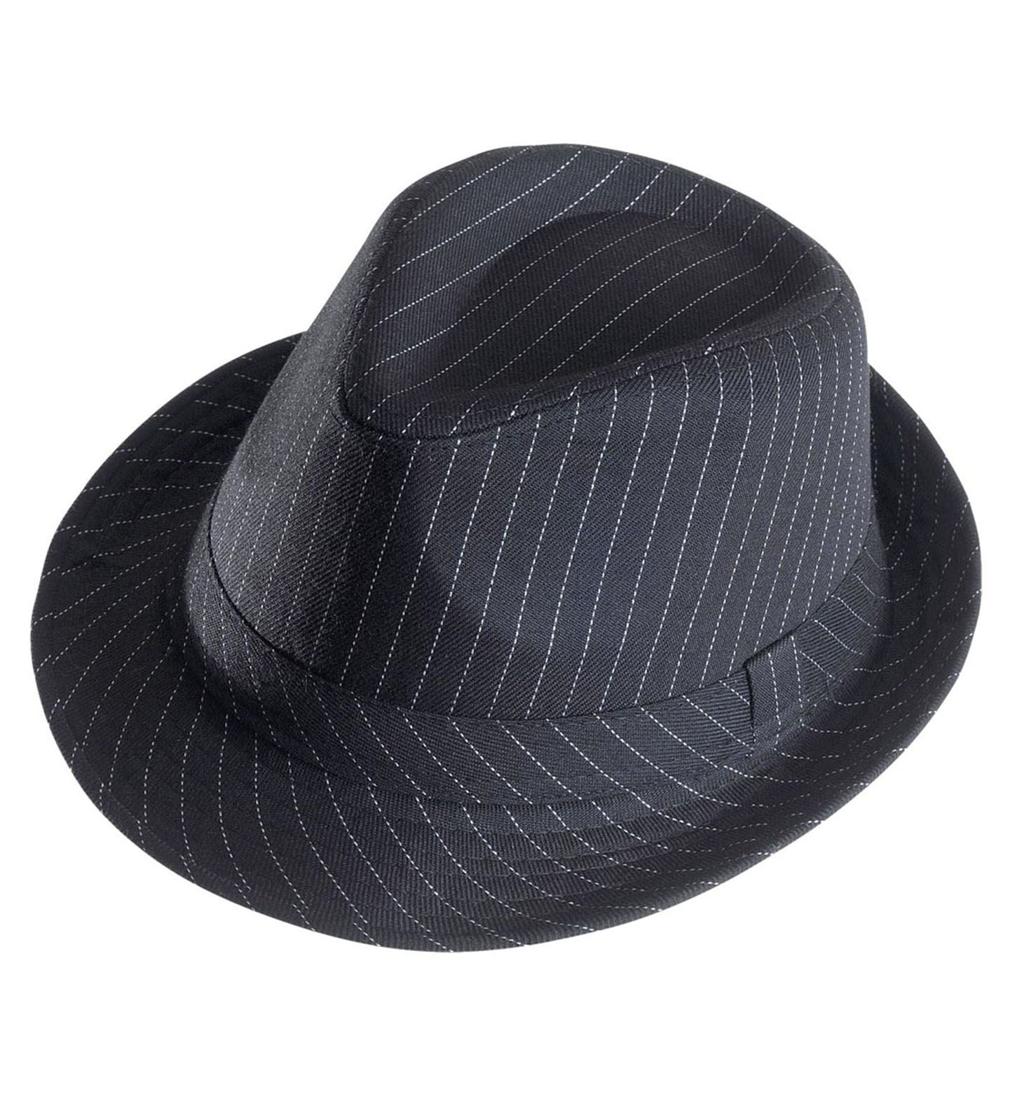 A stylish black fedora hat with fine white pinstripes, a subtly creased crown, and a narrow, upturned brim, isolated on a white background.
