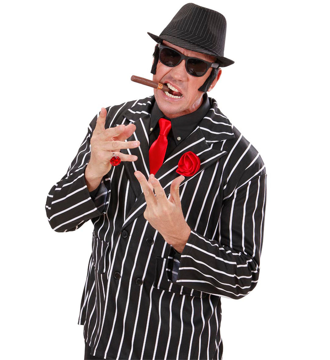 A person wearing a black pinstriped fedora hat, black sunglasses, and a black pinstriped suit with a red tie and pocket square, striking a pose with a toy cigar in their mouth and hands gesturing, against a white background.