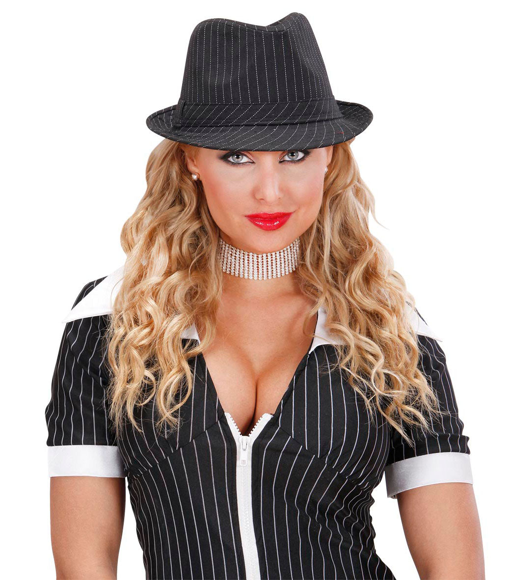 A close-up of a person wearing a black pinstriped fedora hat, with a white pearl choker and bright red lipstick, dressed in a matching pinstriped top with a zipper front and white collar/cuffs.