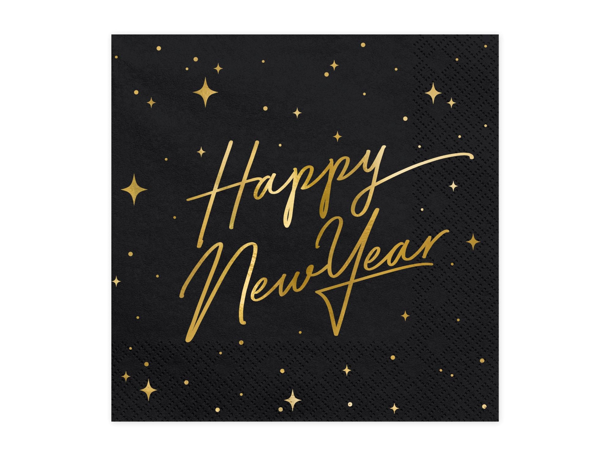 Happy New Year napkins in black with metallic gold foil script and stars.